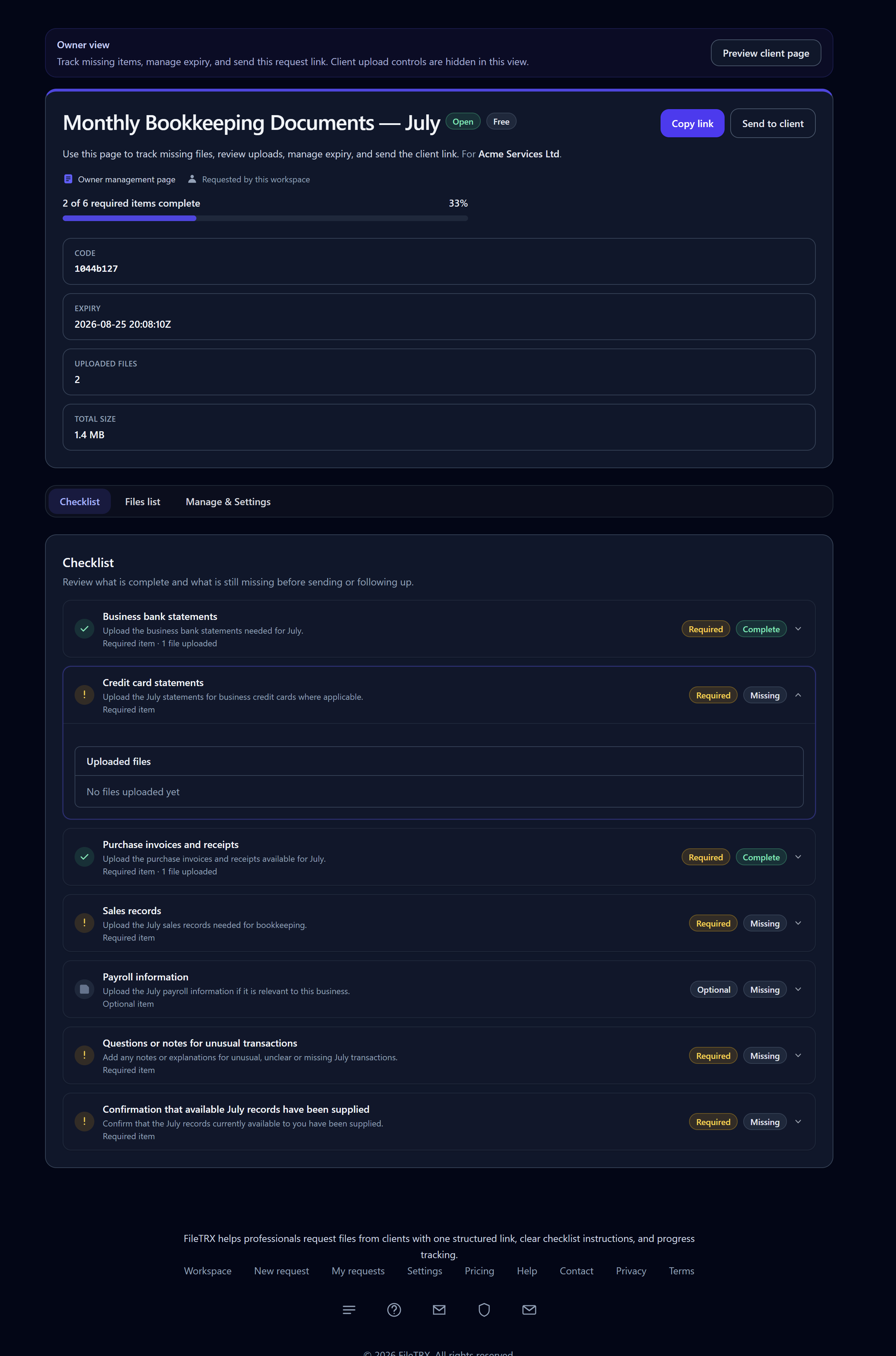 FileTRX owner view of a monthly bookkeeping request showing completed and missing client document items