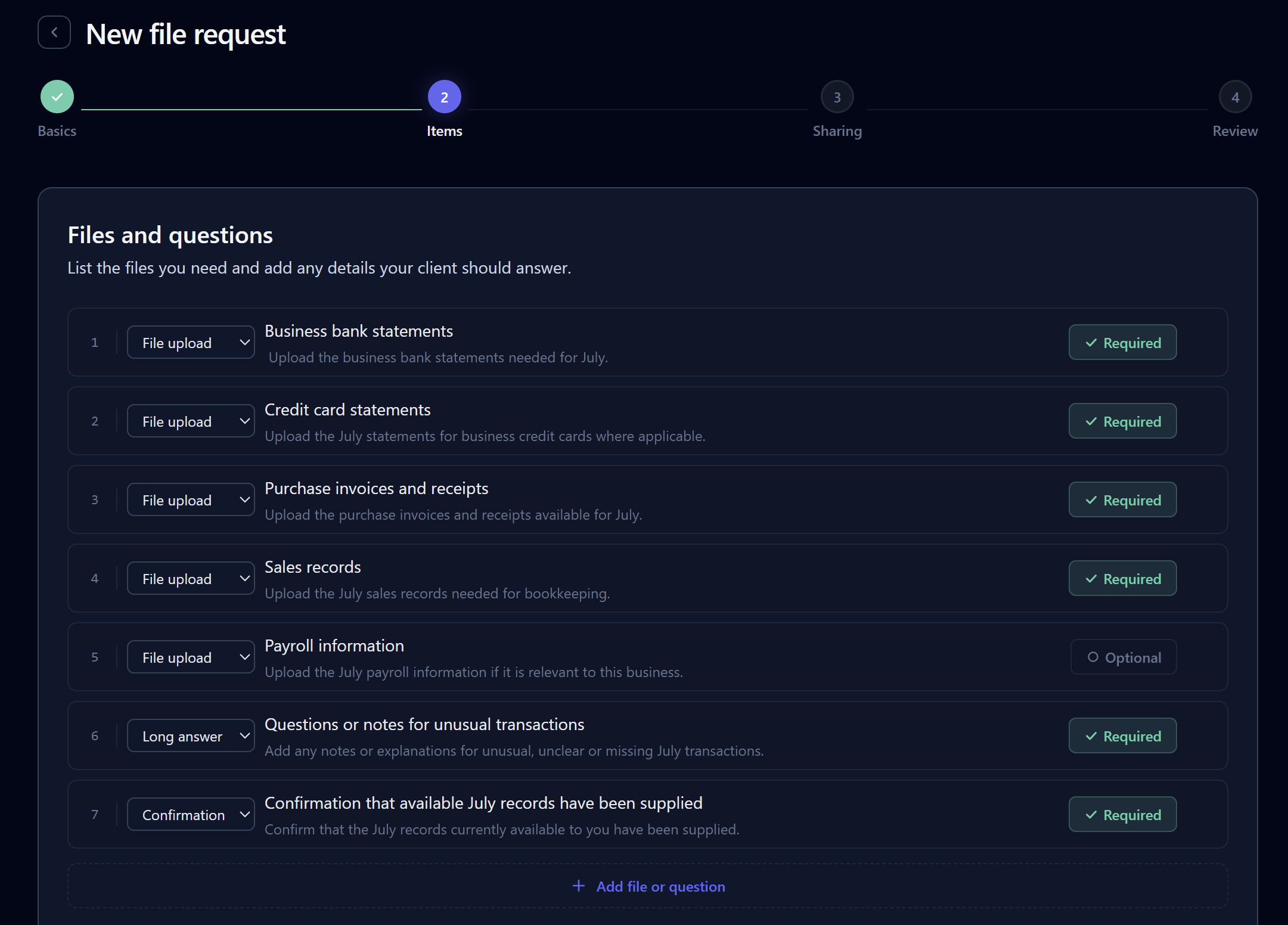 FileTRX request builder listing accounting file uploads, a long text question and a confirmation item