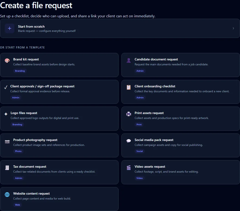 FileTRX template selection screen for starting from a reusable request structure