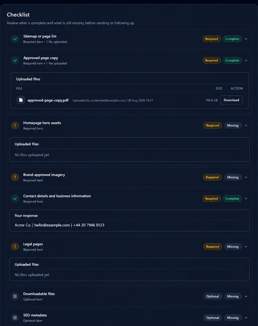 Client-facing FileTRX checklist showing complete and missing requested items