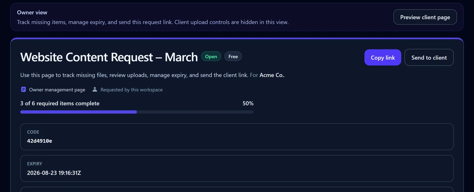 FileTRX owner view showing the Website Content Request at 50 percent completion