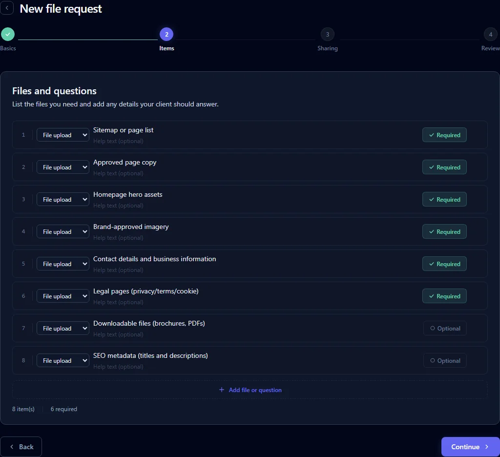 FileTRX request builder with eight structured file items and required or optional states